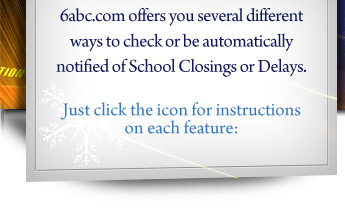 6abc.com offers you several different ways to check or be automatically notified of School Closings or Delays. Just click the icon for instructions on each feature:
